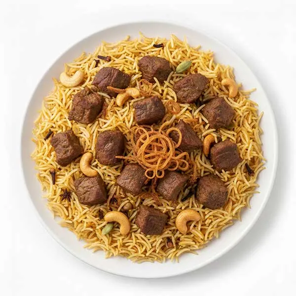 Yemeni spiced diced beef mandi with fried onion and cashew